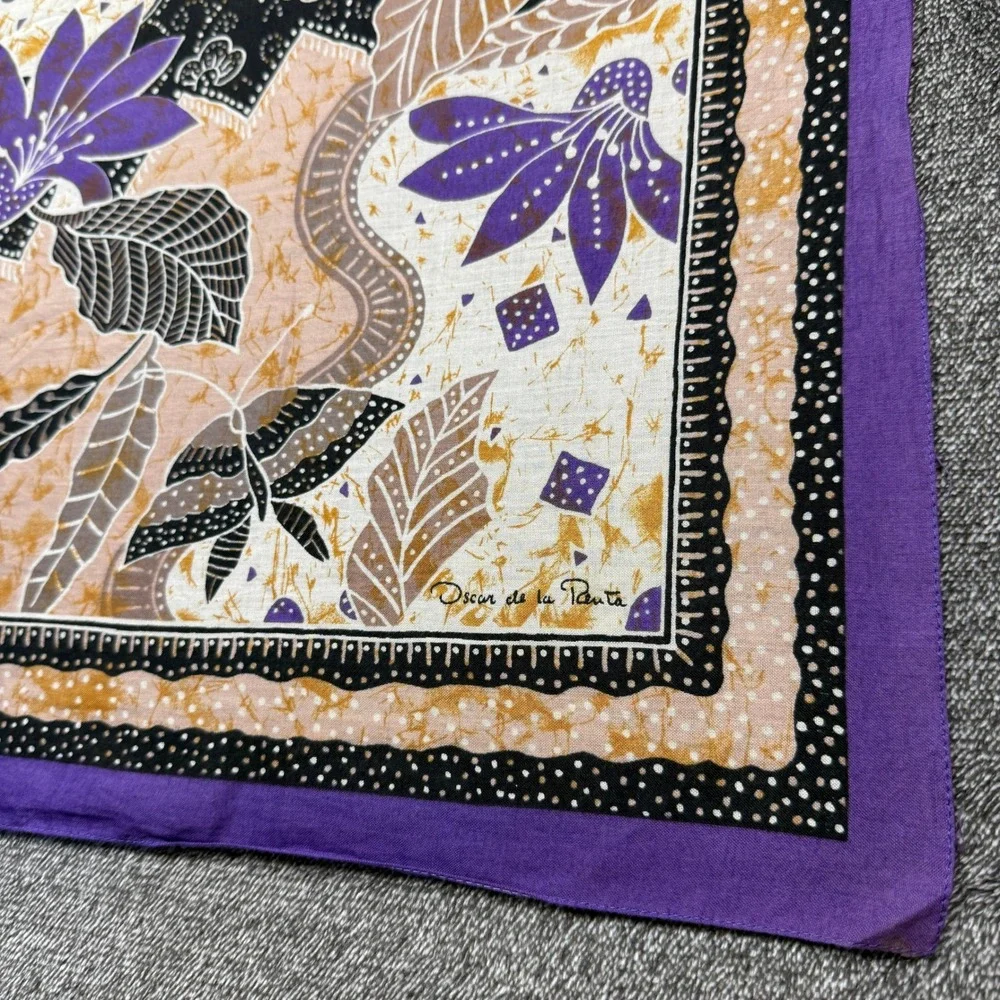 Oscar de la Renta Vintage Silk Scarf Purple Floral Batik Print Square Large 30in